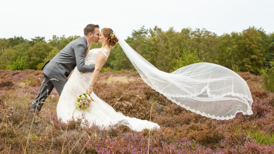 Bruidspaar op paarse heide